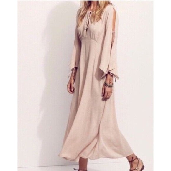 Free People Dresses & Skirts - Free People Blush Maxi Dress Size XS Split Open Tie Sleeve Bells Crinkle Gauze